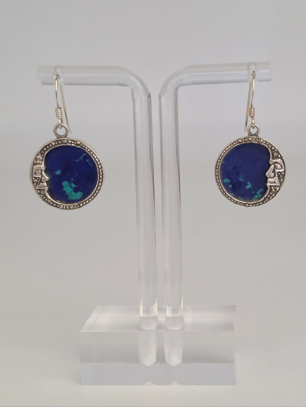 Vintage Sterling Silver w/Azurite & "Marcasite" Man-in-the-Moon Dangle Earrings